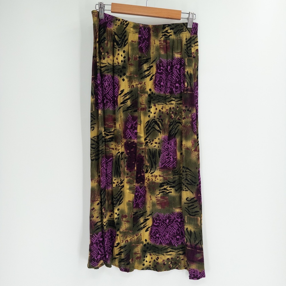 Vintage 90s Boho Skirt Women M Midi Green Purple Hippie Earthy Grunge Whimsigoth